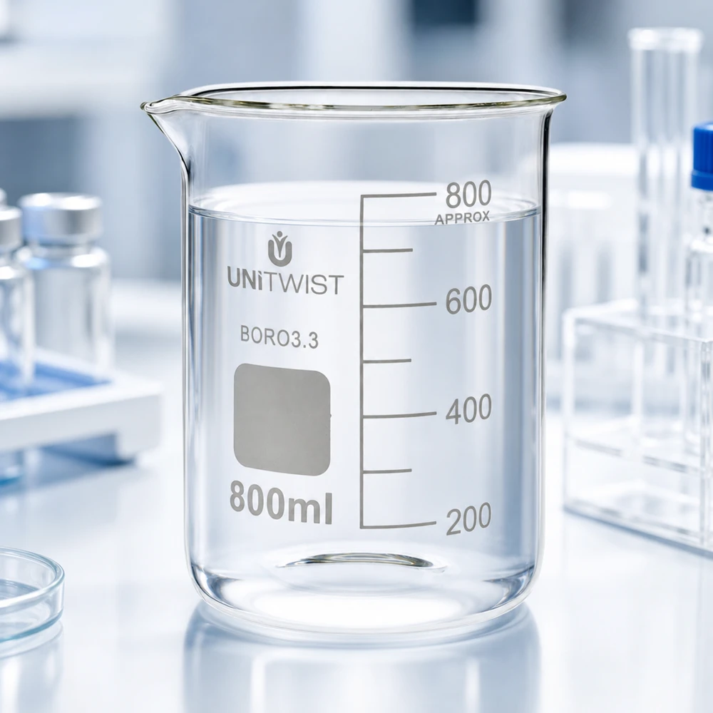 Vaso de precipitados transparente y vacío de 800 ml, de borosilicato 3.3, de perfil bajo, de la marca UNiTWIST, sobre una mesa de laboratorio blanca
