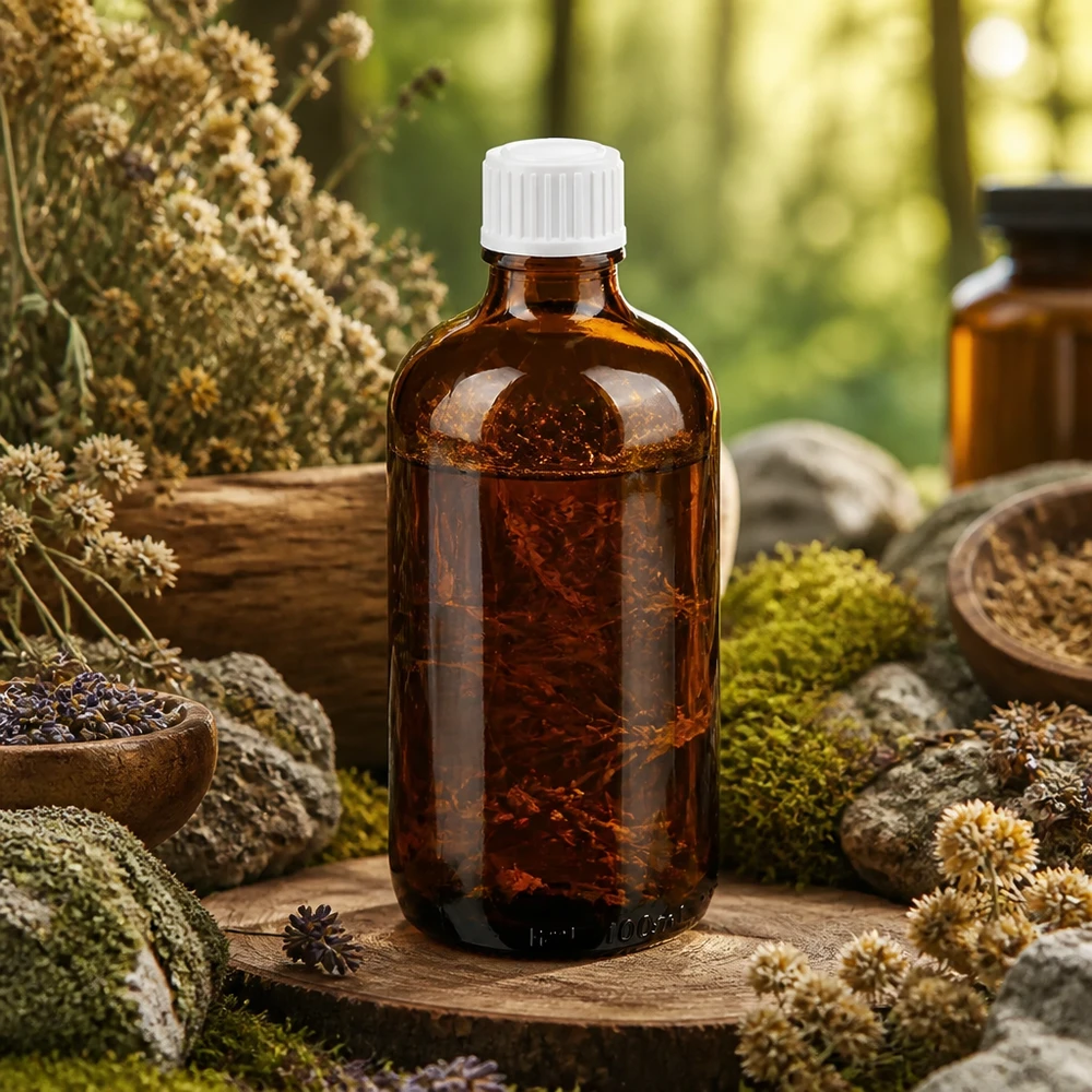 Botella de cristal marrón de 100 ml sobre un disco de madera, rodeada de hierbas medicinales y musgo en un entorno natural