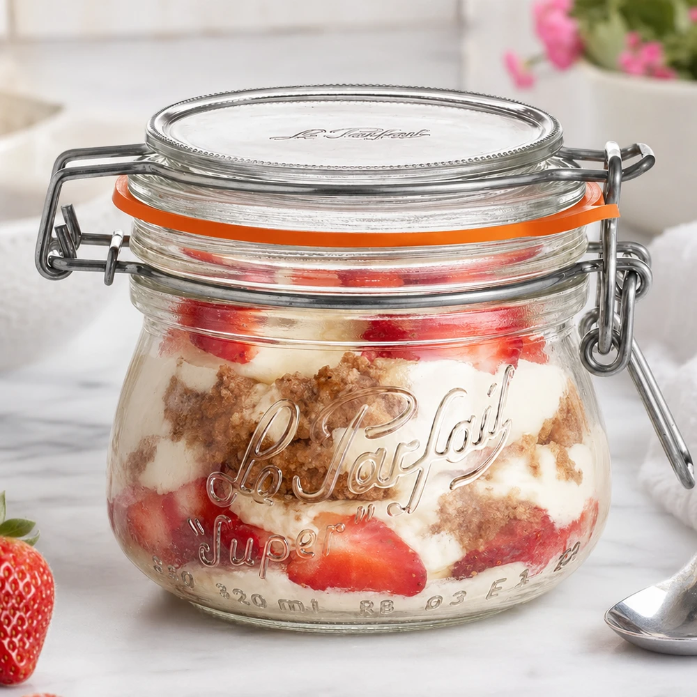 Tarro Le Parfait Super de 250 ml con tapa oscilante relleno de fresas y postre sobre una superficie blanca