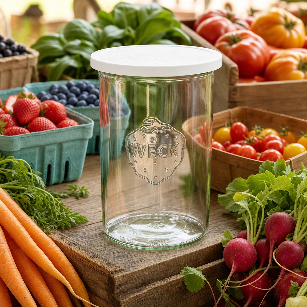 WECK vasos 1000ml RR100 con tapa fresca entre las verduras frescas del mercado zanahorias rábanos y bayas