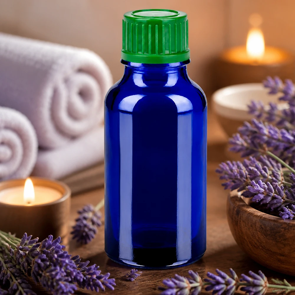 Frasco de farmacia 20ml azul con tapón verde para aceites esenciales y aromaterapia BlueLine UT18/20