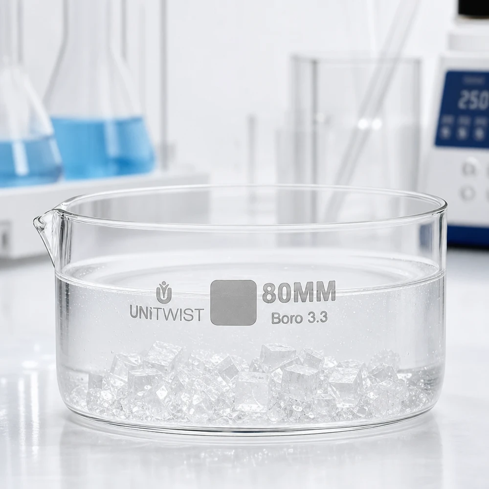 Cristalizador ø80mm vidrio borosilicato UNiTWIST Bandeja de cristalización plana de 80 mm con cubitos de hielo para laboratorio, de vidrio borosilicato UNiTWIST