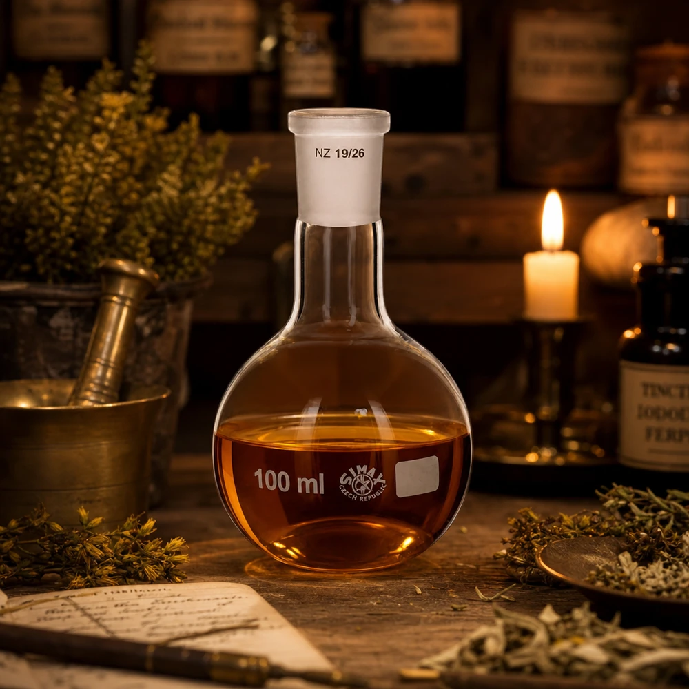 Frasco de 100 ml lleno de líquido dorado - material de vidrio de laboratorio de alta calidad con junta esmerilada estándar 19/26
