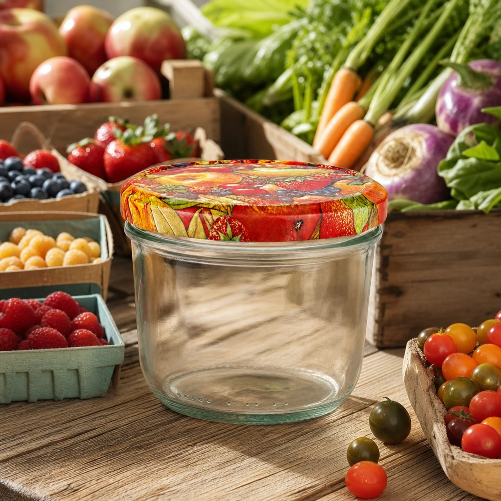 Vasos 230ml + tapa BasicSeal decoración frutas UNiTWIST Vasos de 230 ml con tapa decorativa de frutas BasicSeal sobre una mesa de madera rodeada de verduras frescas y bayas del huerto