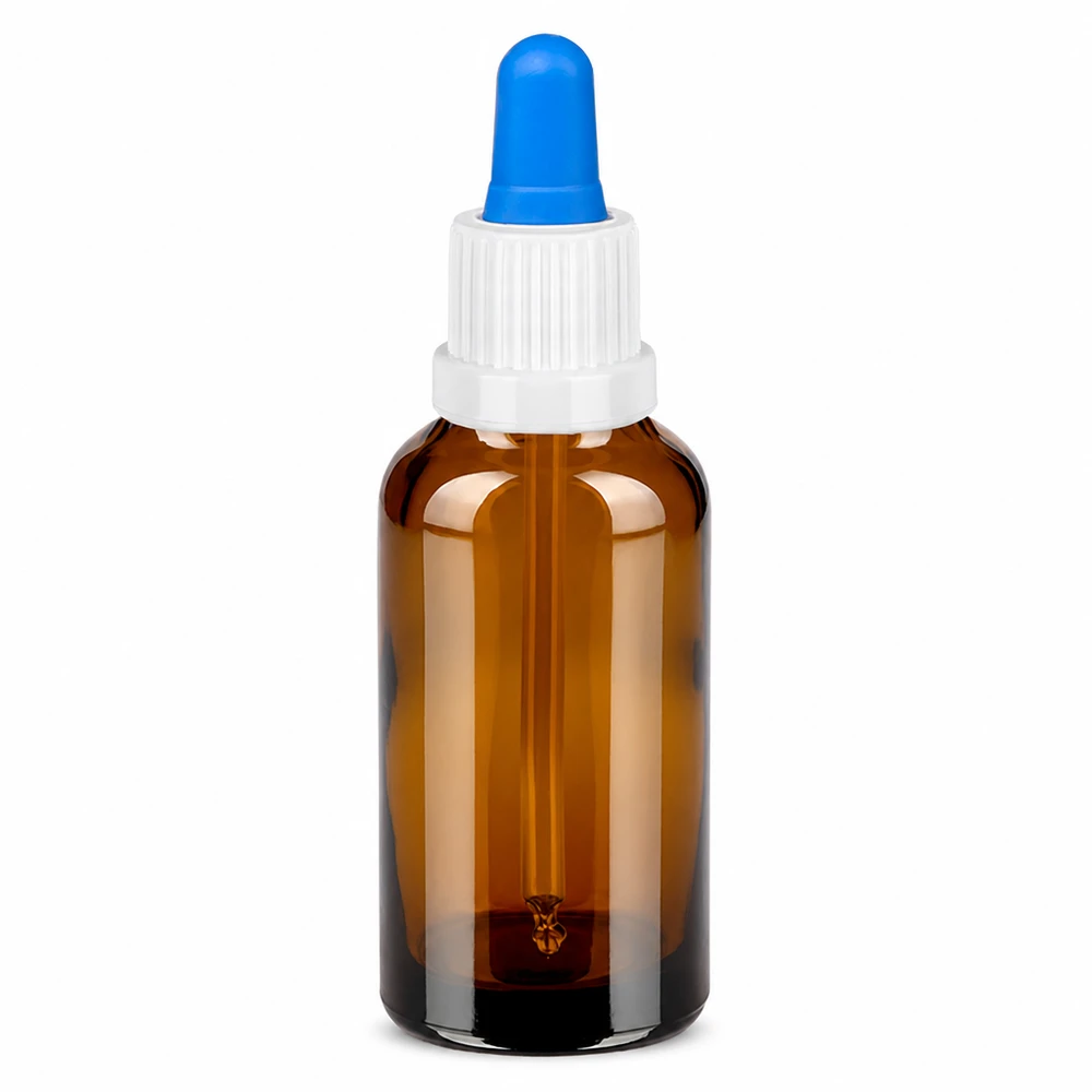 Frasco pipeta 30ml blanco/azul cierre inviolable BrownLine UT18/30 Frasco pipeta de 30 ml marrón con tapón de rosca blanco y pipeta azul para una dosificación precisa