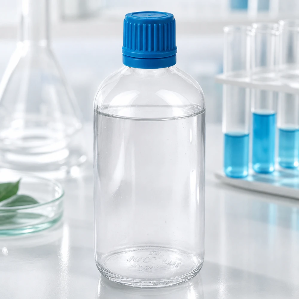 Botella 100ml tapón rosca 11mm azul ClearLine UT18/100 Frasco de laboratorio transparente ClearLine de 100 ml con tapón de seguridad azul (OV) en el entorno de laboratorio