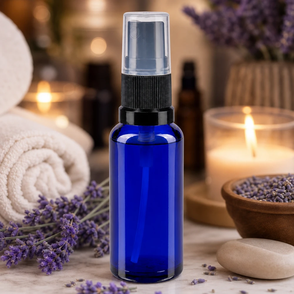 Botella de farmacia azul 30ml pulverizador negro Botella de cristal azul de 30 ml con pulverizador, estilo farmacia, con atomizador negro sobre fondo de mármol con lavanda