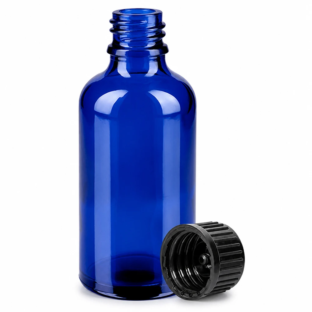 Botella de cristal compacta de 50 ml en azul con rosca de 11 mm y tapón negro a prueba de manipulaciones