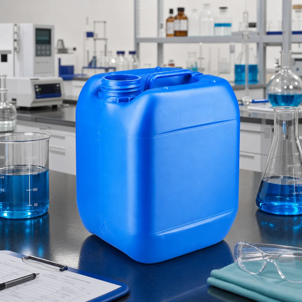 Bidón azul de 5 litros sin tapa sobre la mesa del laboratorio, junto a un matraz Erlenmeyer y un vaso de precipitados