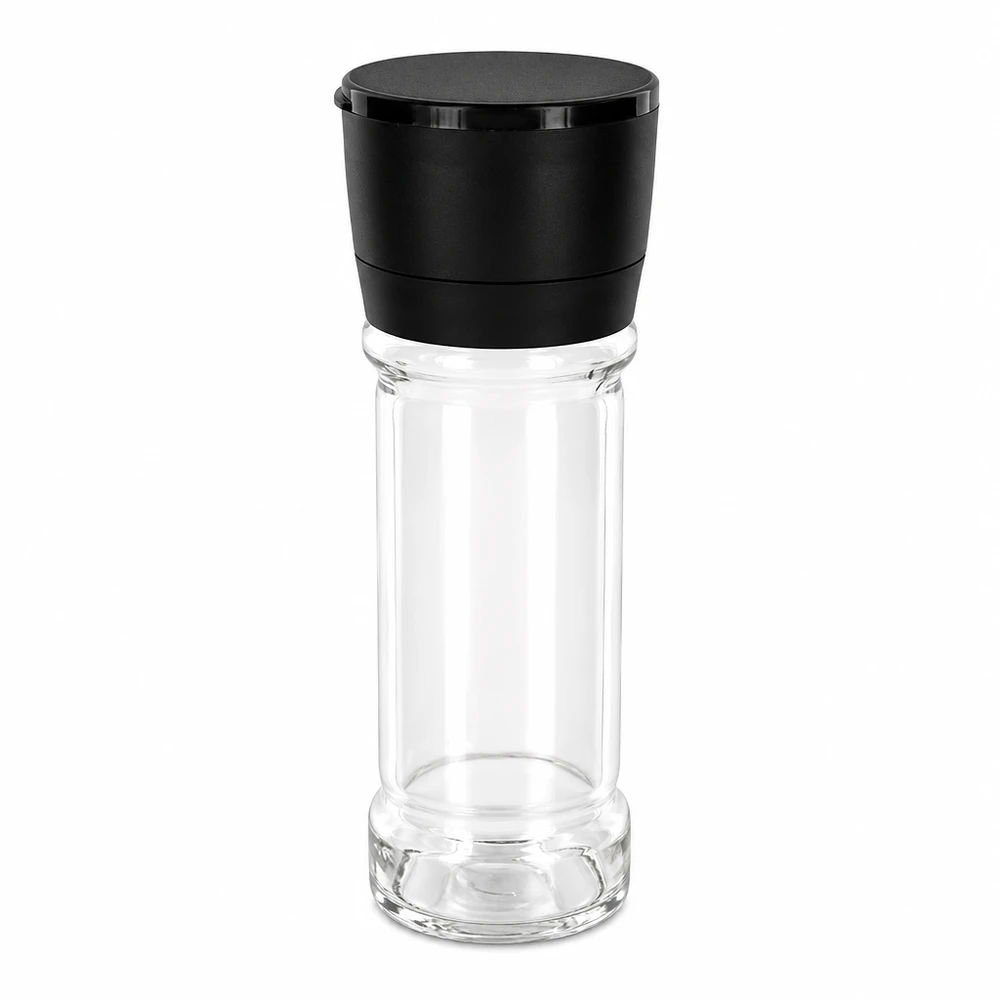 Frasco para sal y especias de 100 ml con molinillo Vario negro Frasco para sal y especias de 100 ml con molinillo negro Vario de cristal transparente