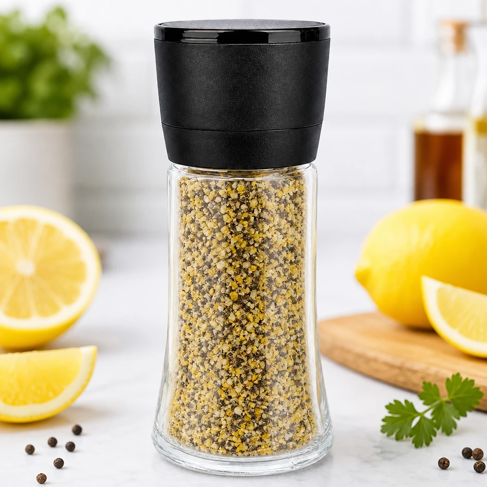 Frasco para sal y especias de 95 ml con molinillo Vario negro Mezcla de especias de pimienta y limón en un molinillo de cristal de 95 ml con mecanismo de molienda Vario negro sobre base de mármol