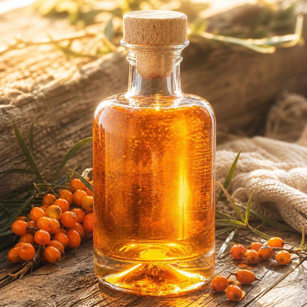 Botella de cristal de 100 ml Sofía con tapón de madera rellena de aceite de espino amarillo junto a bayas de espino amarillo anaranjadas decoración natural