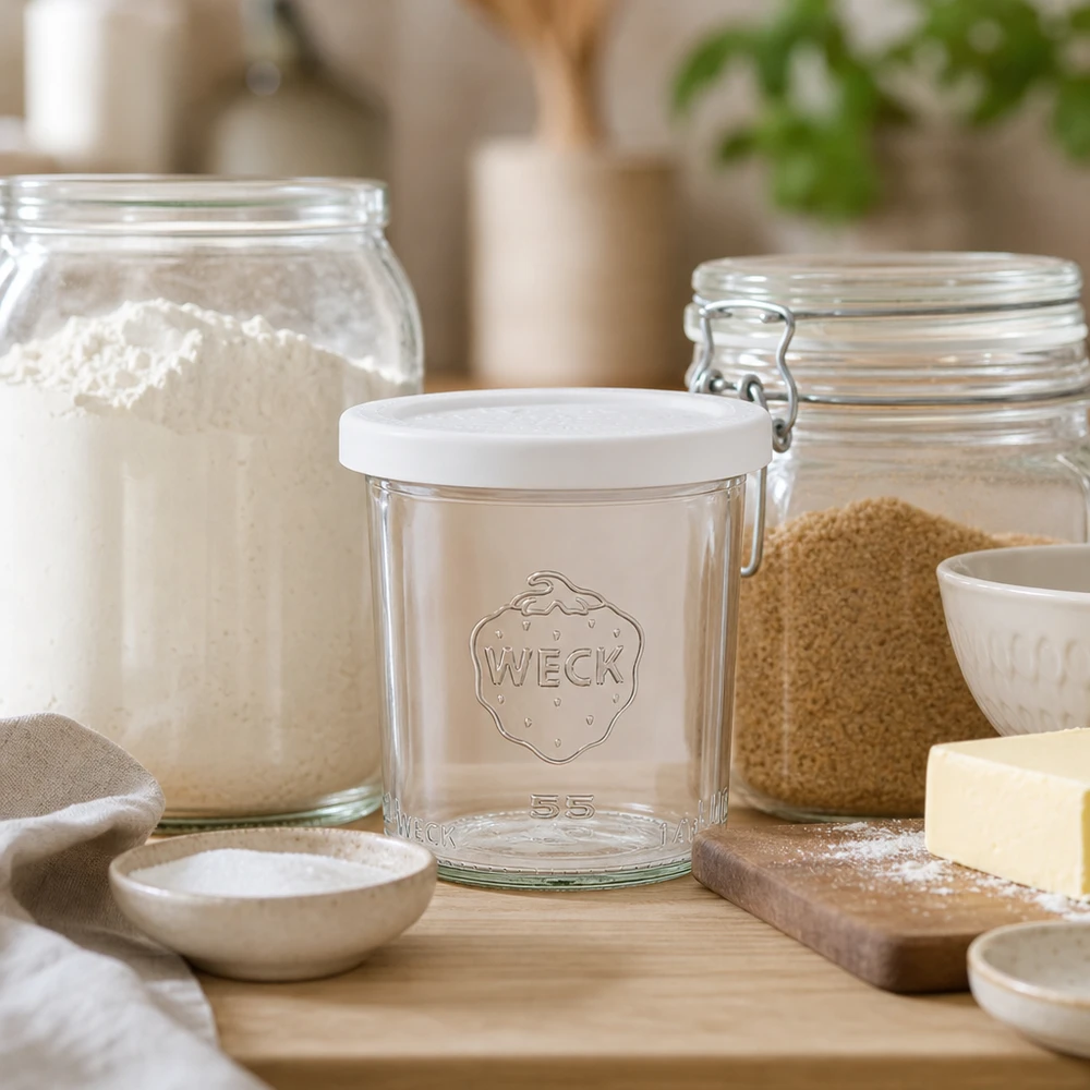 Vasos WECK RR60 de 140 ml en un entorno de cocina natural con ingredientes para hornear y una tabla de madera como imagen de estilo de vida.