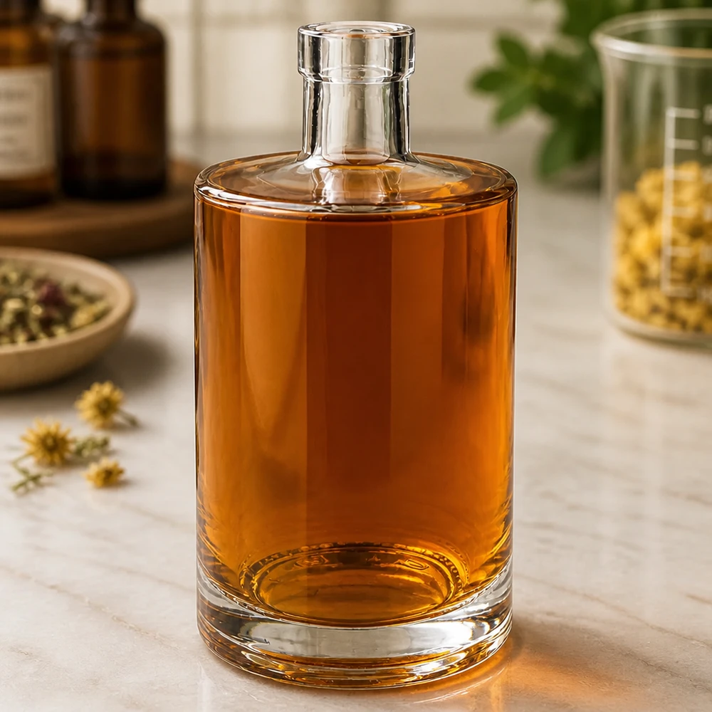 Botella de vidrio de 700 ml «Marie» sin tapón UNiTWIST® Botella de cristal de 700 ml Marie llena de líquido de color ámbar en un ambiente elegante con hierbas y tarros de boticario
