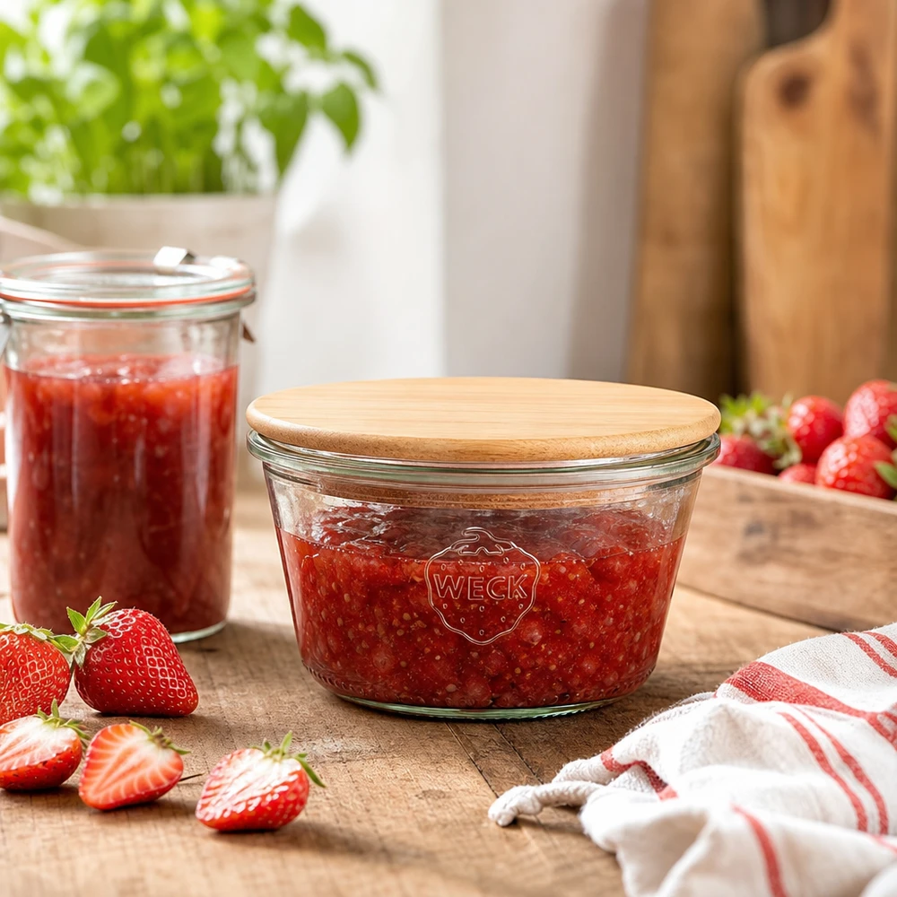Tarro de conserva WECK 290ml RR100 lleno de mermelada de fresa, tapa de madera de bambú, escena de cocina con fresas frescas