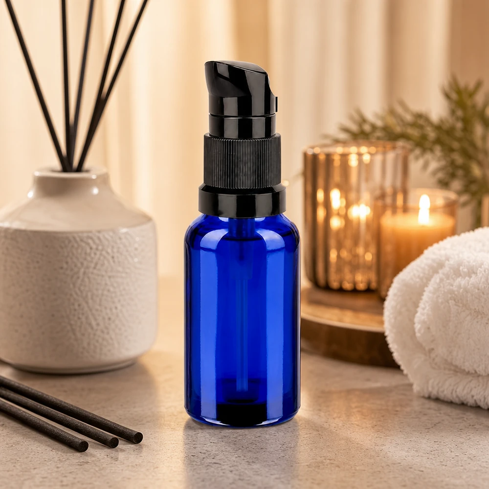 Frasco bomba 20ml negro tapón estándar BlueLine UT18/20 Frasco bomba 20 ml negro STD BlueLine UT18/20 - diseño elegante para el cuarto de baño y la zona de cosméticos