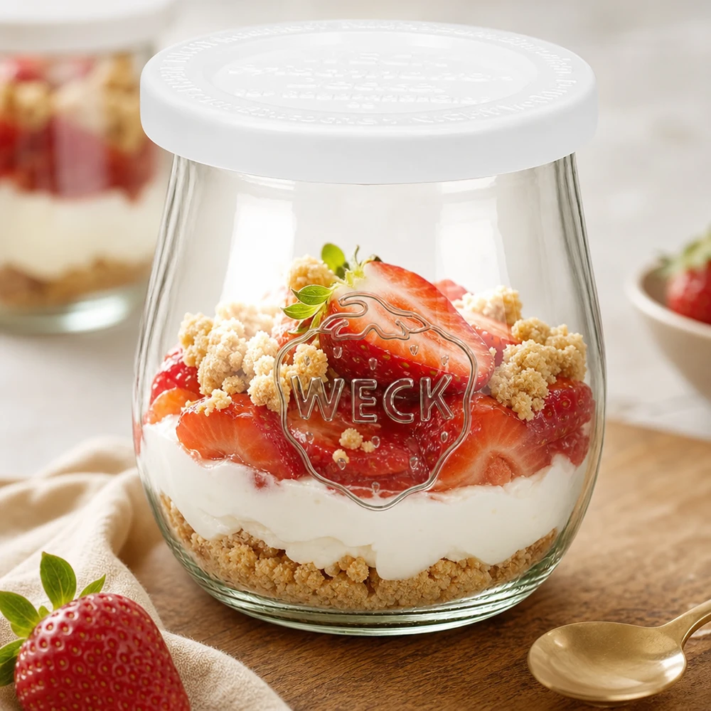 Tarro tulipán WECK 220ml con tapa fresca como tarro de postre - Postre en capas de fresa y nata con crumble en tarro RR60