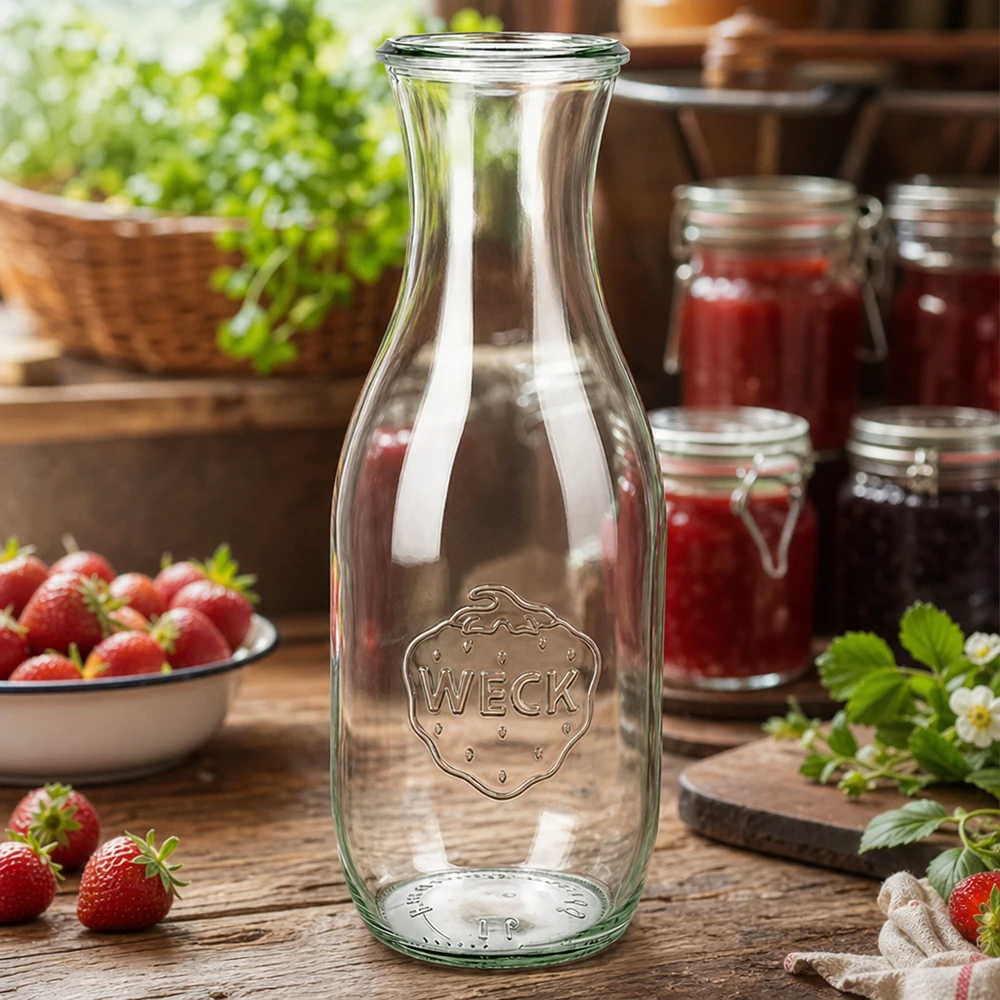 Botella para zumo WECK RR60 de 1062 ml Botella de zumo WECK 1062ml RR60 en una cocina rústica con fresas frescas y tarros de mermelada como decoración