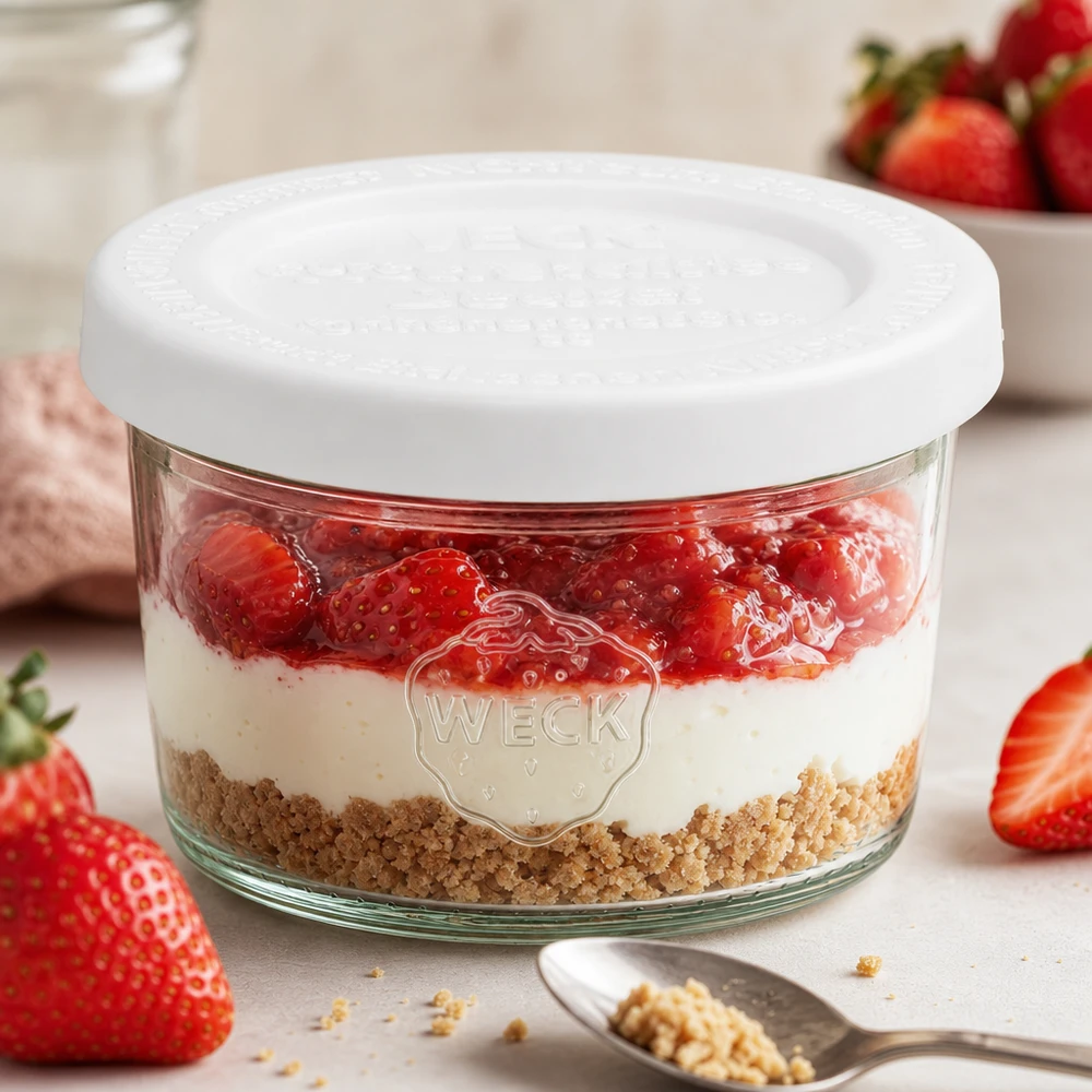 Vaso de cristal de 80 ml con tapa hermética WECK RR60 Vasos WECK 80ml RR60 con postre de fresa y base de galleta como postre en capas entre fresas frescas y cuchara