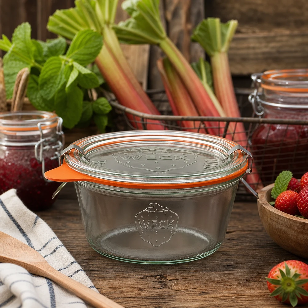 Tarro de conserva WECK 290ml RR100 en cocina rústica con ruibarbo y fresas frescas para conservar