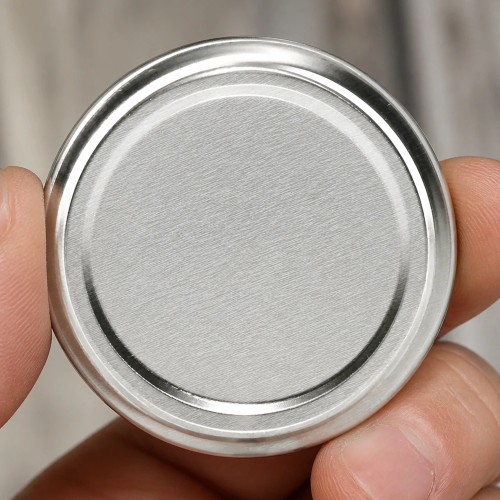Primer plano de una tapa TO66 BasicSeal de 66 mm, color plata, de metal cepillado, con agarre para los dedos