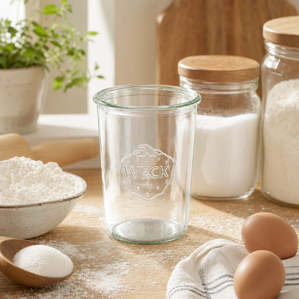 Vaso de 850ml WECK RR100 850ml WECK RR100 mason jar transparente con logo sobre mesa de madera junto a harina, huevos y tarros de almacenaje