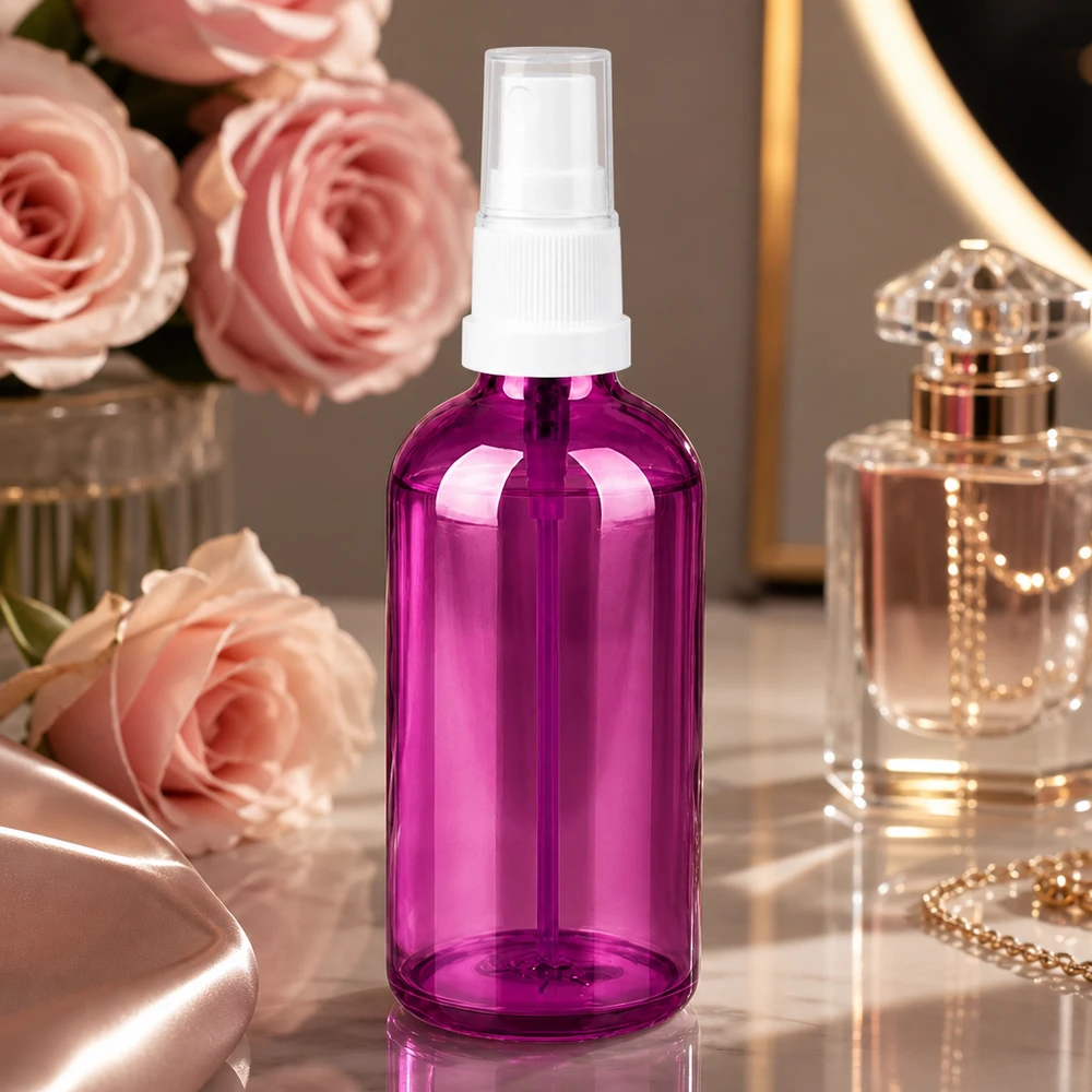 Frasco cuentagotas de 100 ml blanco/transparente Standard PurpleLine UT18/100 Frasco cosmético morado de 100 ml con práctico pulverizador para tónico facial y tónico