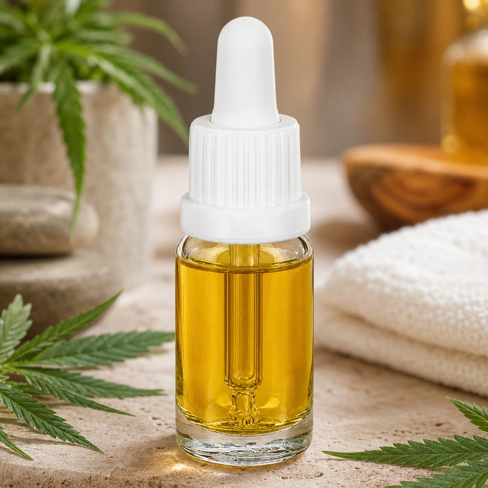Aceite de CBD en frasco con pipeta de 10 ml, modelo OV ClearLine UT18/10 de color blanco con contenido dorado