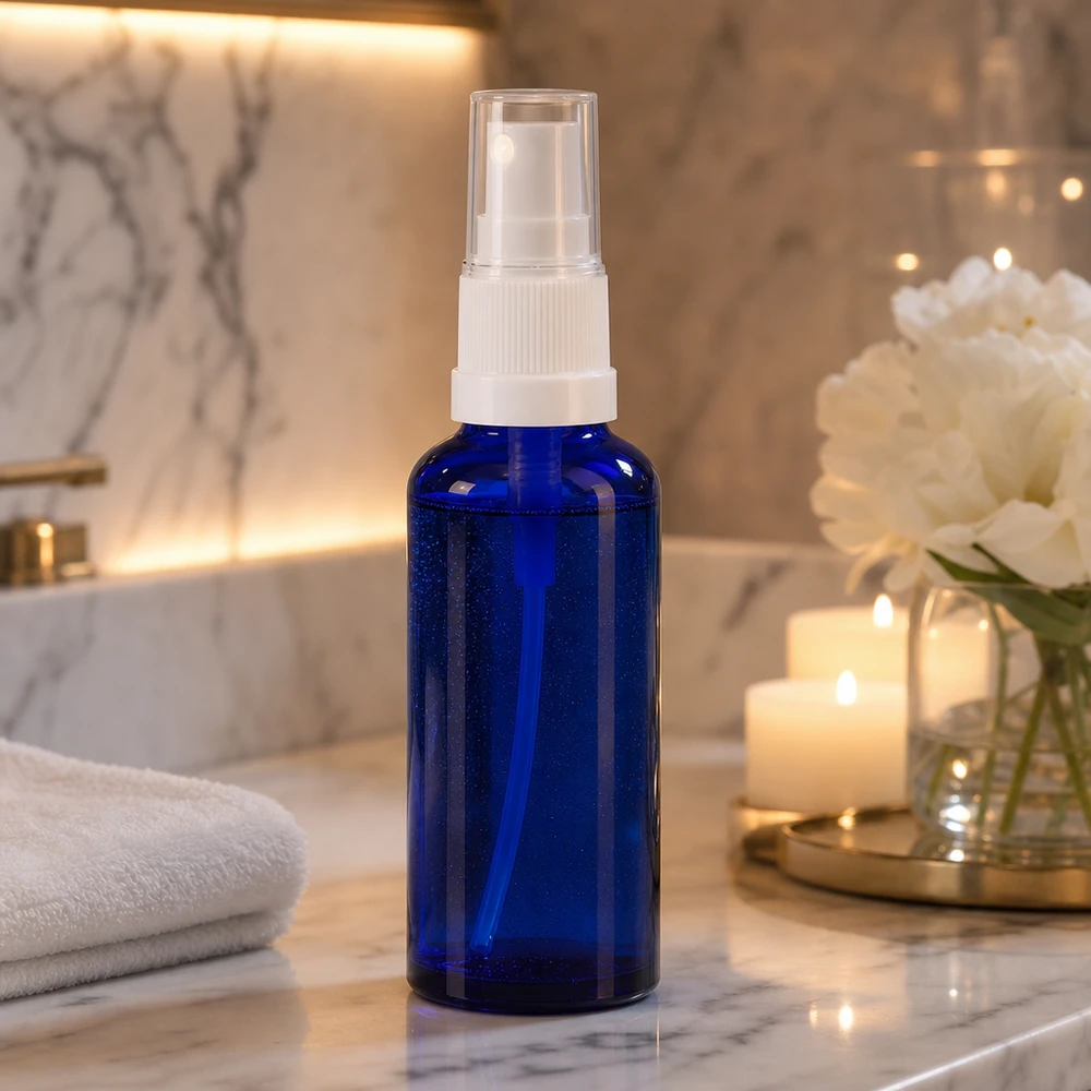 Botella de farmacia azul 30ml pulverizador blanco Frasco pulverizador de 30 ml de color azul cobalto, de cristal de farmacia, con cabezal pulverizador blanco, en un elegante cuarto de baño con velas