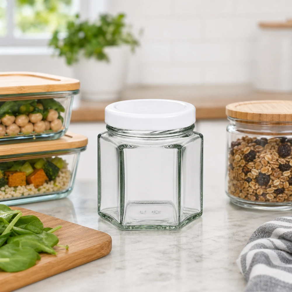 Tarro hexa 47ml con tapa BasicSeal blanco UNiTWIST Tarro hexa vacío de 47 ml con tapa BasicSeal blanca entre tarros de almacenaje llenos en una cocina moderna.