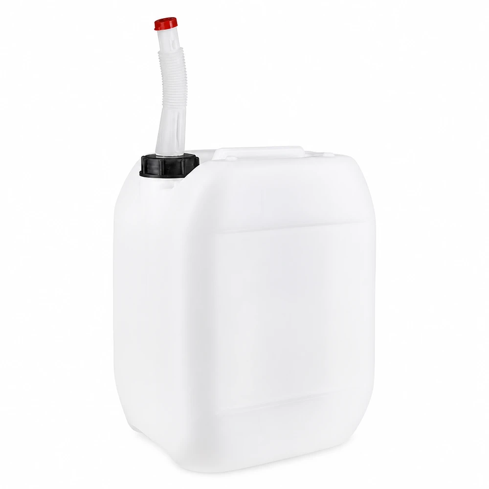 Bidón de plástico blanco de 10 litros con tubo de salida flexible y tapón rojo
