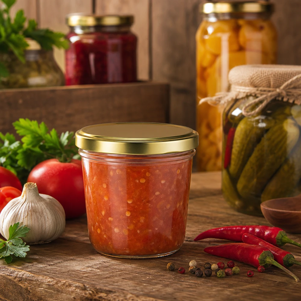 Tarro de cristal de 230 ml con tapa dorada lleno de condimento de tomate rodeado de ingredientes frescos y especias