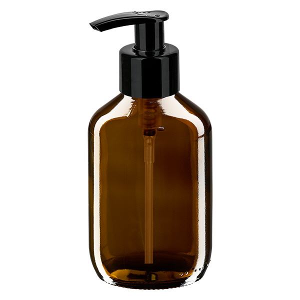 Frasco medicamento 200ml marrón, con bomba dispensadora negra ApoGlas Frasco medicamento 200ml marrón, con bomba dispensadora negra ApoGlas