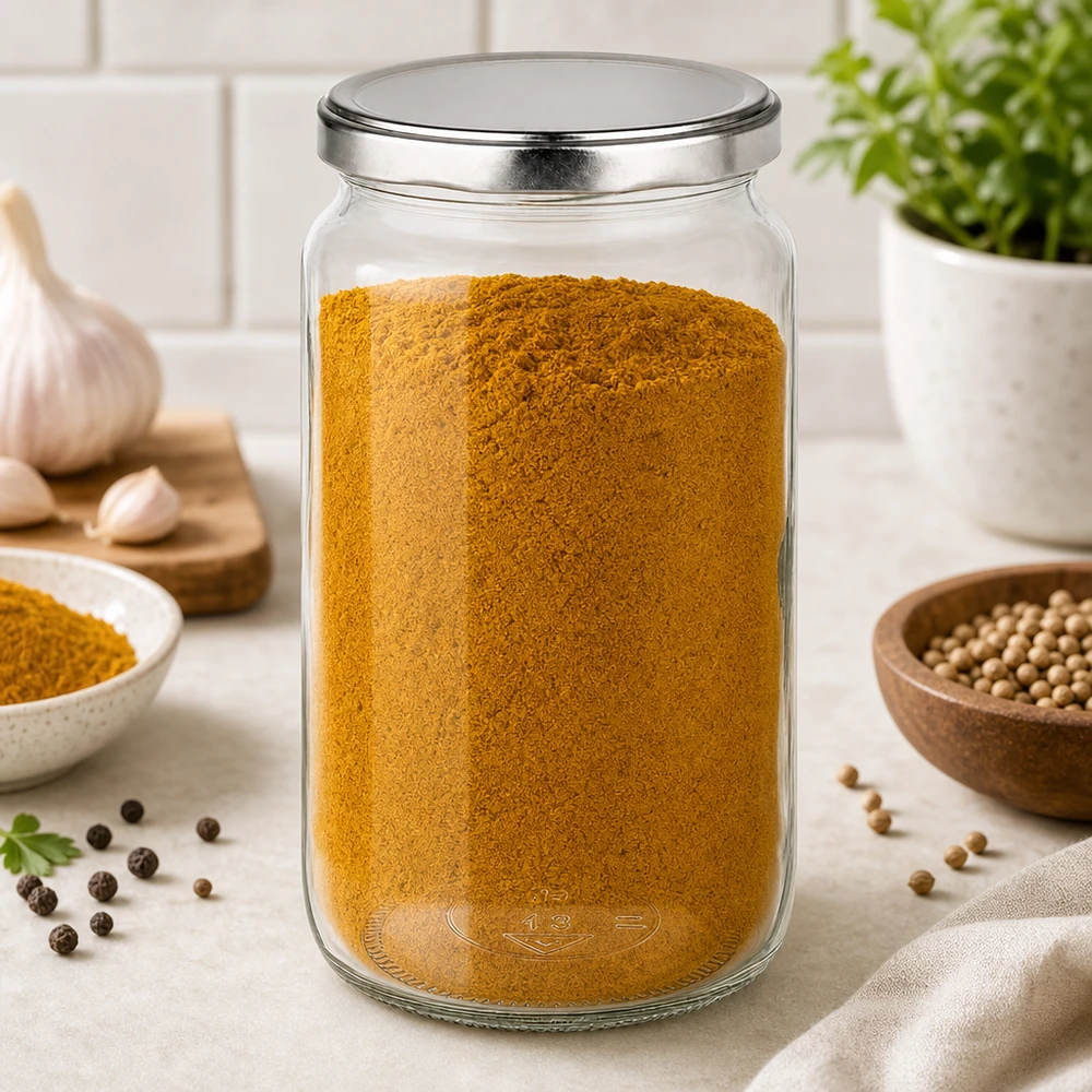 Tarro redondo de 795 ml con tapa BasicSeal lleno de especias en polvo en la cocina junto al cilantro y el ajo