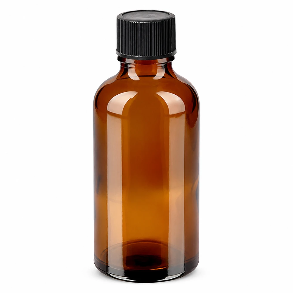Frasco de vidrio ámbar de 50 ml con tapón cuentagotas negro para aceites esenciales y esencias