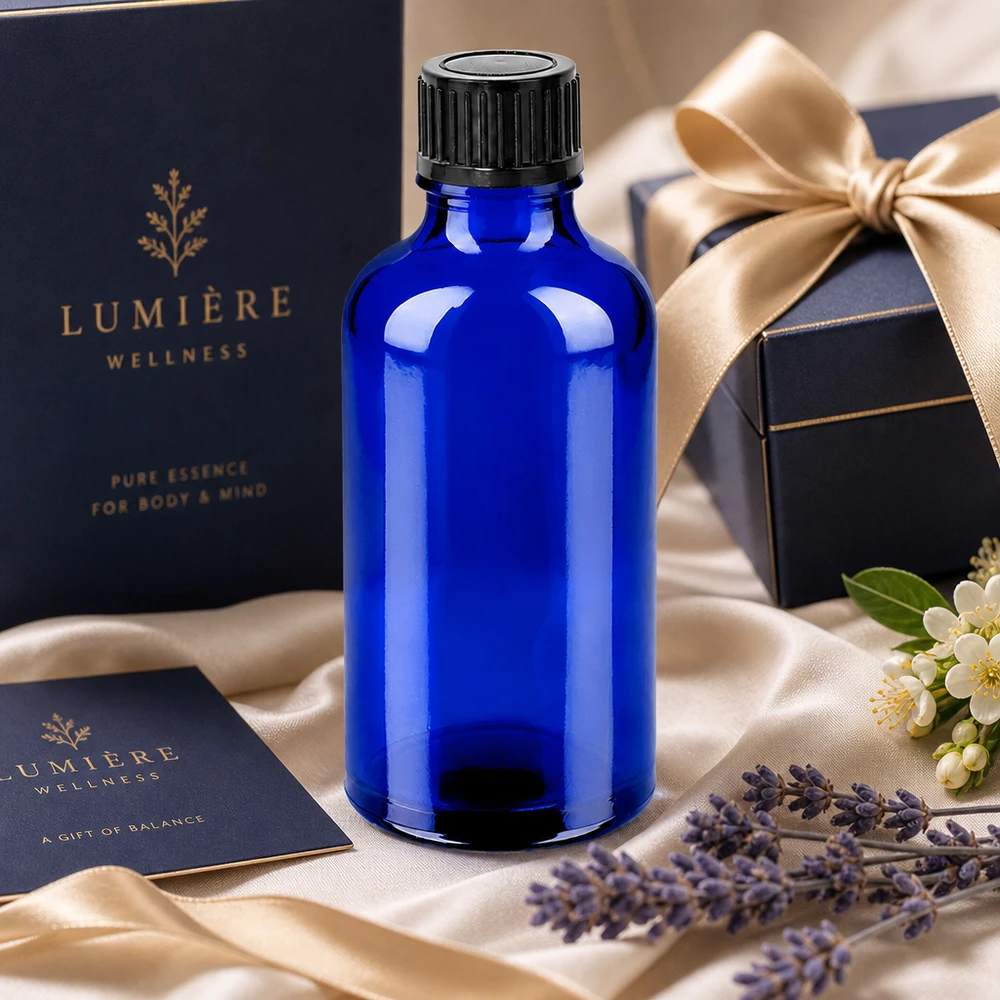 Botella de cristal con protección UV de 50 ml en azul brillante con tapón a prueba de niños para el bienestar