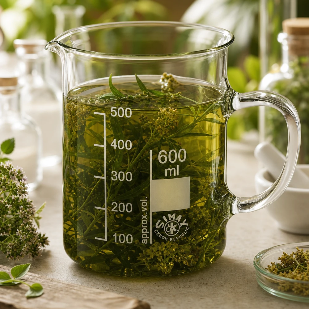 Vaso de vidrio de borosilicato de 600 ml, con asa Vaso de cristal de 600 ml con asa, lleno de infusión de hierbas verdes y hierbas medicinales frescas