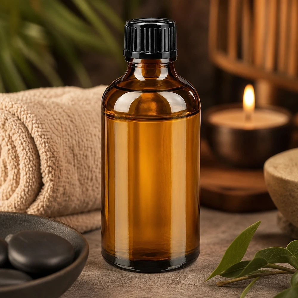 Botella de farmacia marrón 50ml tapón de rosca negro estándar Frasco de farmacia de vidrio ámbar de 50 ml con tapón negro de 11 mm, en un ambiente relajante de spa