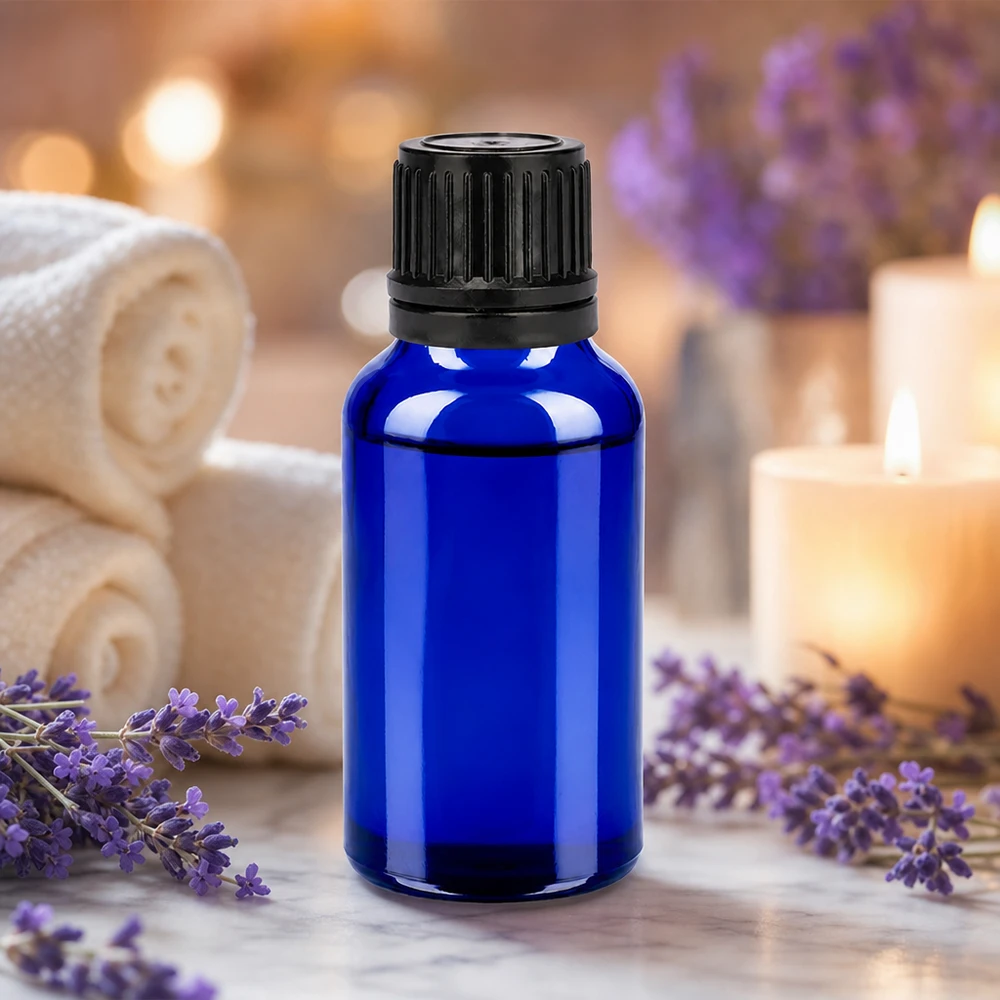 Frasco de vidrio para aromaterapia de 20 ml azul con tapón antigoteo negro para aceite de lavanda y bienestar