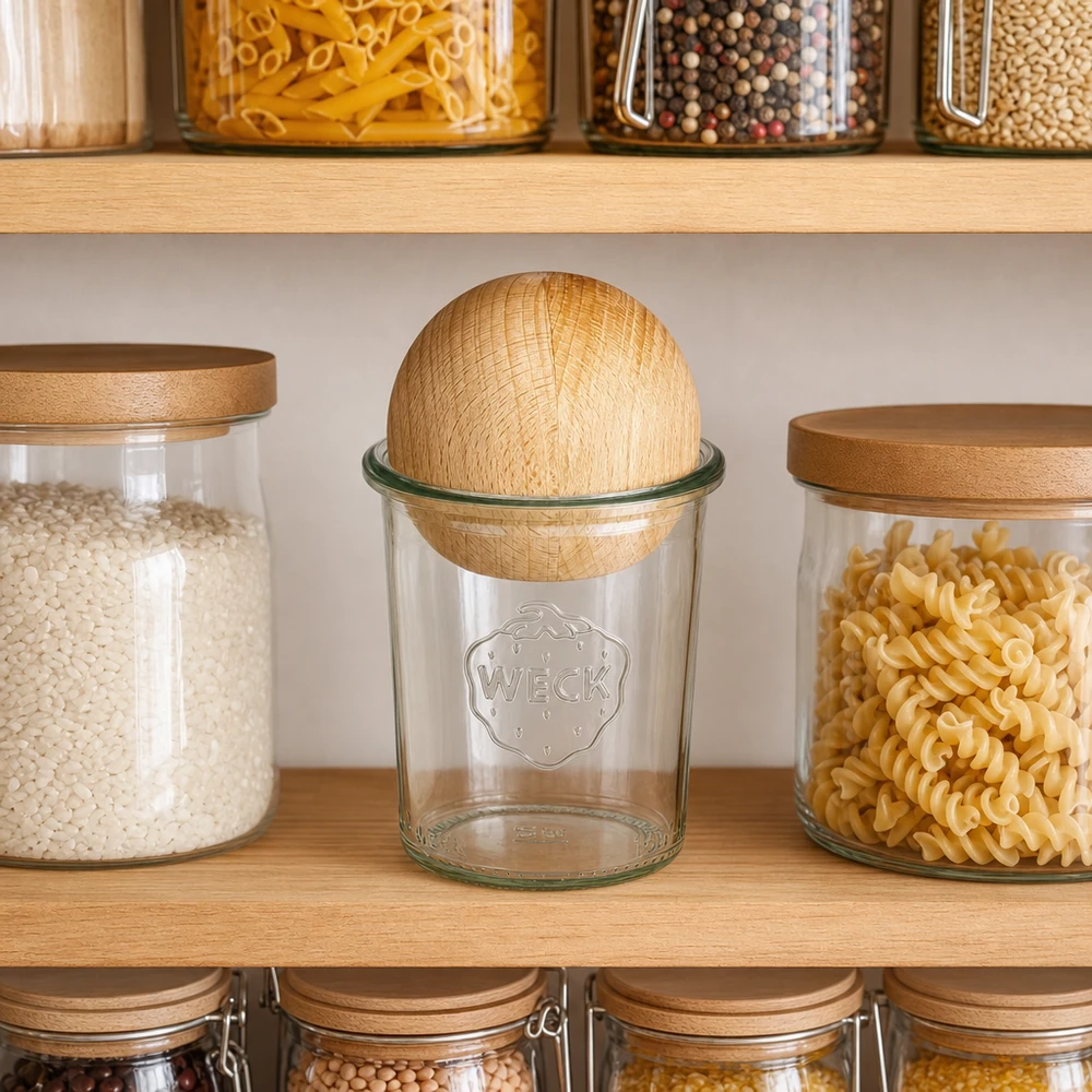 Vasos de 160ml WECK RR60 con bola de madera de haya WECK RR60 Tarro de 160 ml con bola de madera en estante de cocina entre tarros de pasta y cereales