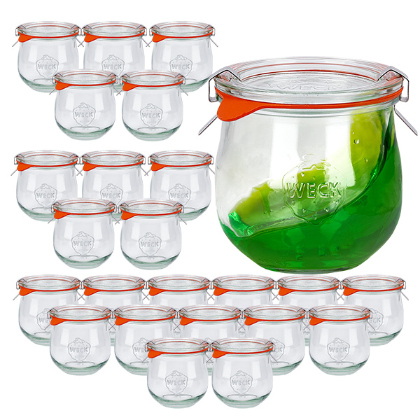 Juego de 24 tarros Weck 370ml tarro tulipán con 24 tapas de cristal Juego de 24 tarros Weck 370ml tarro tulipán con 24 tapas de cristal