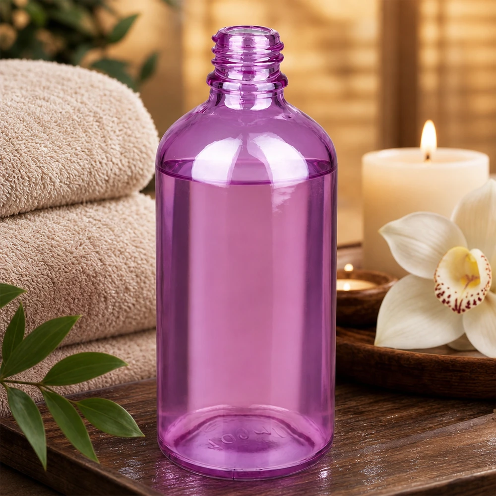 Pequeño frasco de vidrio PurpleLine de 100 ml en elegante color morado para aceites esenciales y productos de bienestar