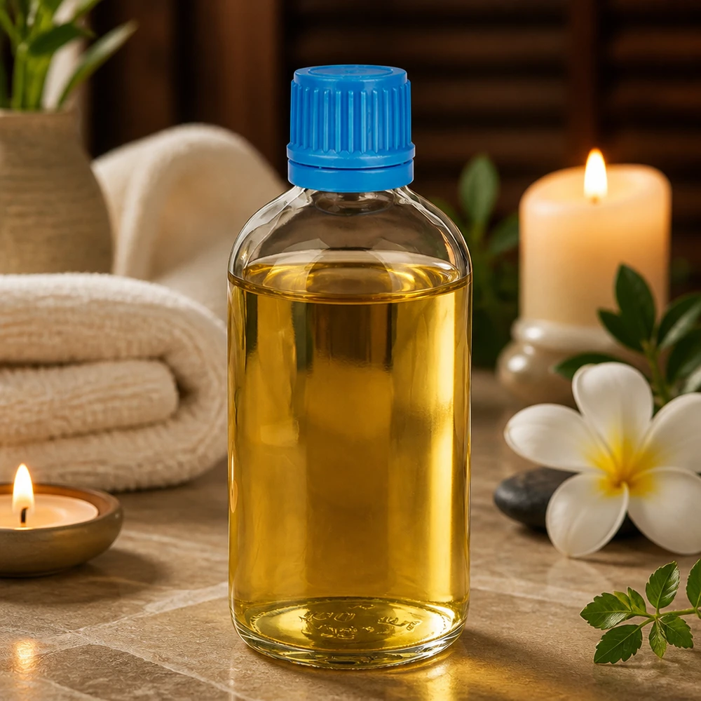 Botella ClearLine de 100 ml con tapón de seguridad para niños azul de 11 mm en un ambiente de spa