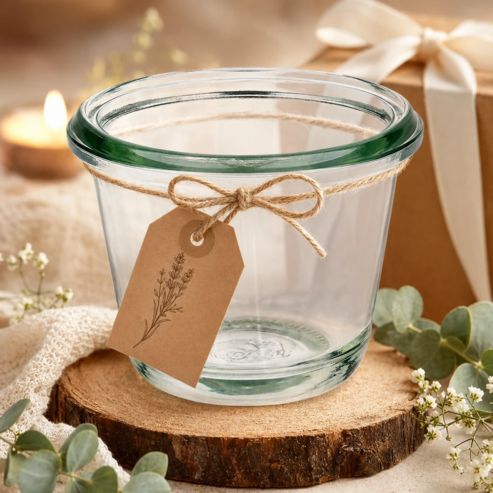 Tarro gourmet WECK RR60 de 80 ml decorado con etiqueta de papel kraft sobre disco de madera en decoración festiva para regalo