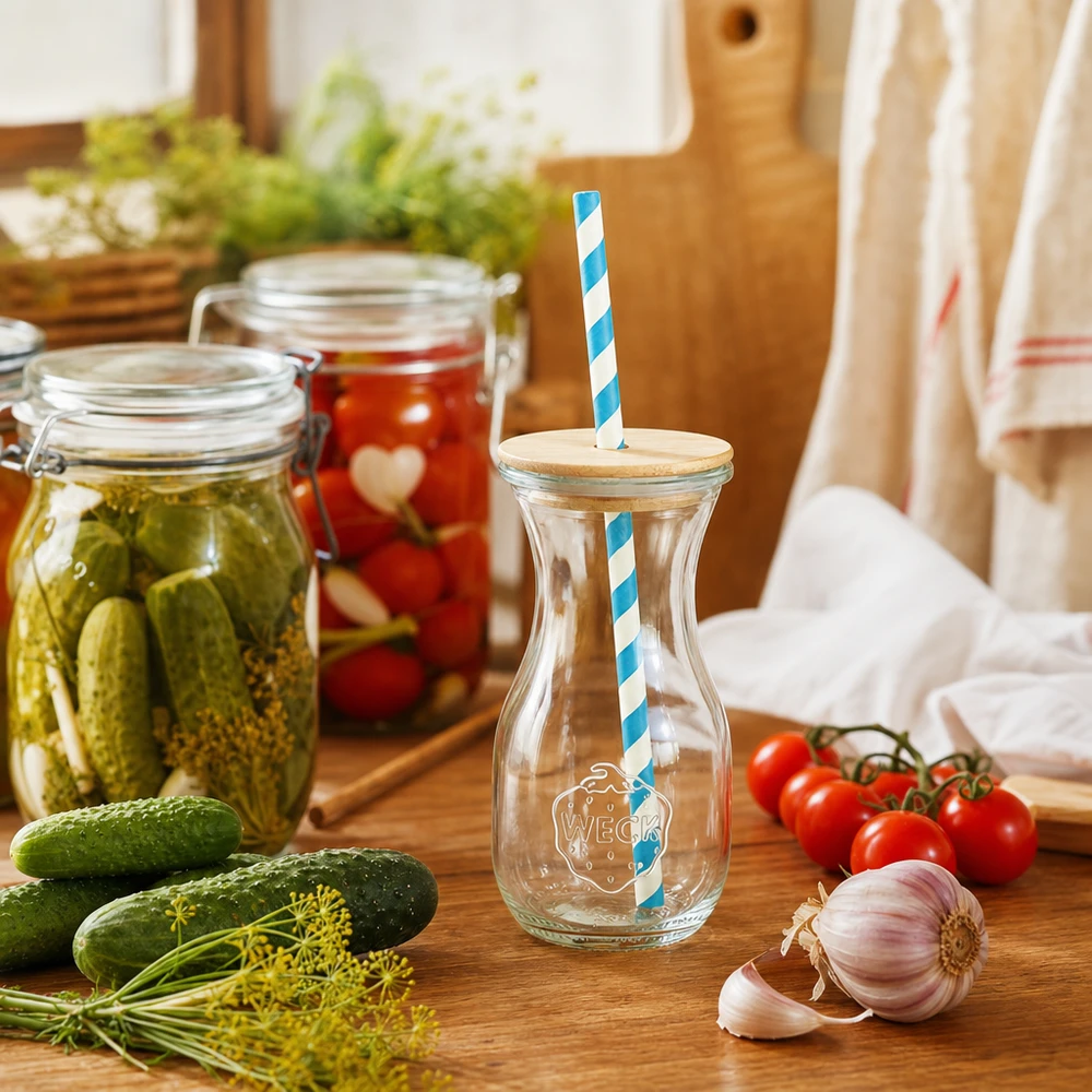 6 x WECK 290ml Saftflasche RR60 mit Holzdeckel und 100 Öko S WECK botella de zumo 290ml escenario de cocina con pepinos encurtidos tomates verduras frescas tapa de madera paja ecológica
