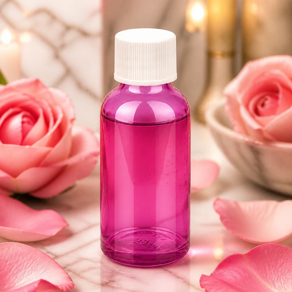 Frasco morado de 30 ml con tapón blanco ideal para perfumería y aromaterapia