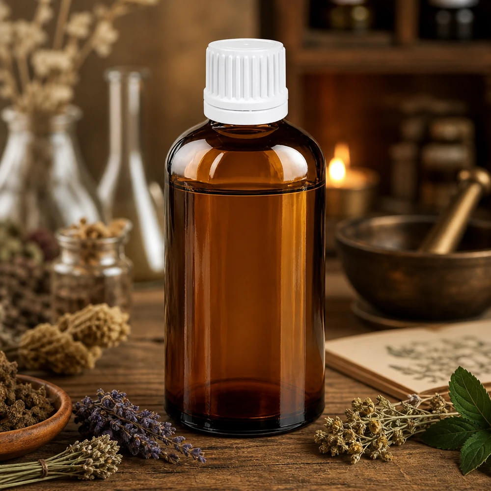 Frasco cuentagotas de 100 ml 0,7 mm blanco cierre inviolable BrownLine UT18/100 Abertura de goteo precisa de 0,7 mm para dispensar líquidos de forma controlada en una botella de vidrio ámbar de 100 ml.