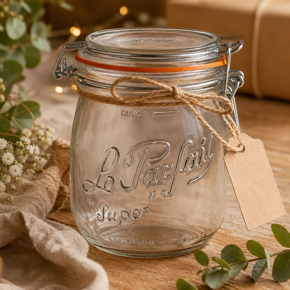 Tarro de almacenaje Le Parfait Super de 750 ml con tapa abatible y etiqueta de regalo sobre tabla de madera con decoración