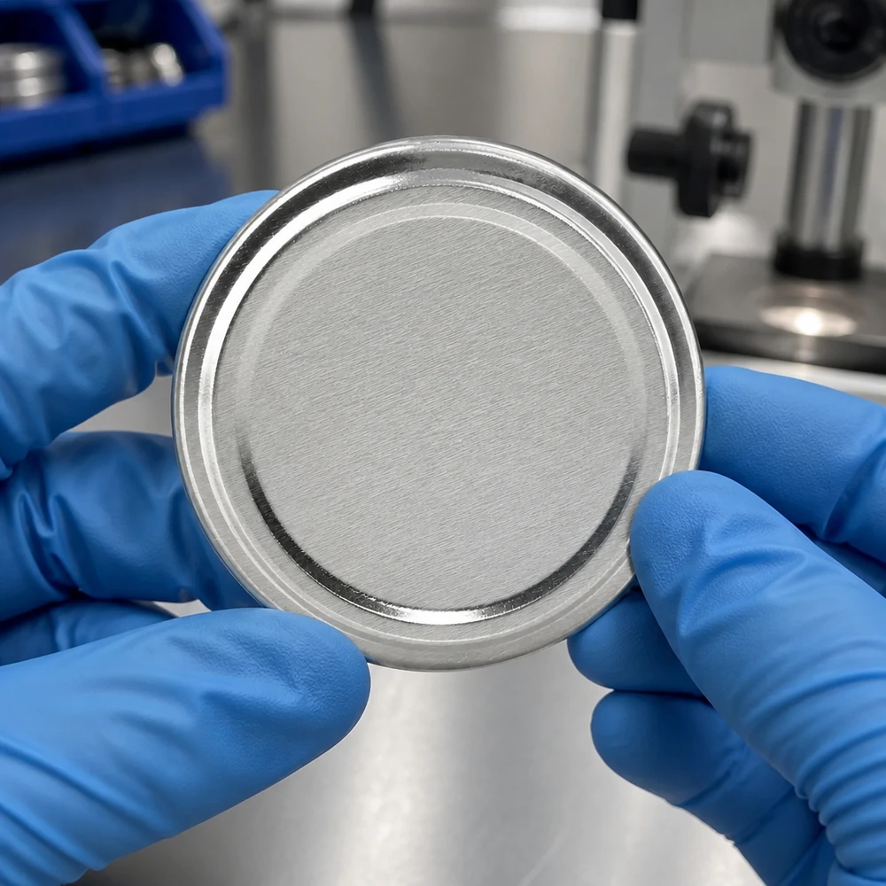 Imagen de laboratorio: tapa BasicSeal de 58 mm, color plata, modelo TO58 UniTwist, sujetada con guantes protectores azules