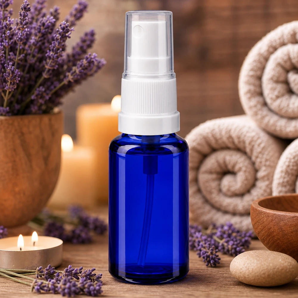 Pequeño frasco de farmacia con pulverizador de 20 ml, de cristal azul con pulverizador blanco, para aceites esenciales